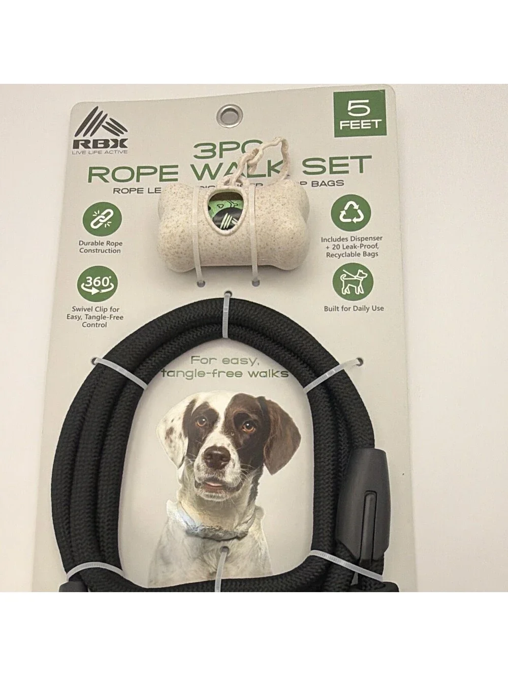RBX Active 3PC Rope Walk Set 5 ft Rope Dog Leash, Dispenser & Poop Bags Black